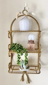 1960s Hollywood Regency Brass HOMCO Gold Twist Rope 3 Tier Decorative Wall Shelf - Picture 1 of 5