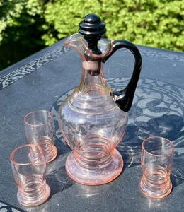 Vintage Art Deco elegante Glas rosa & schwarz geringelt Karaffe & Kordeln Set - Bild 1 von 15