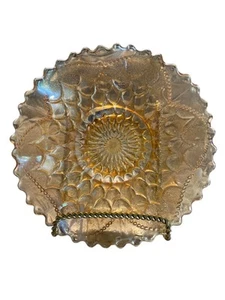 Vintage Marigold Carnival Glass Bowl Scalloped Edge Sunburst Iridescent Art Deco - Picture 1 of 5