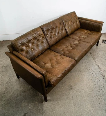 Mid Century Danish Modern Sofa Settee Brown Leather Green 1970s 3 Seat Tufted - Image 1 of 4