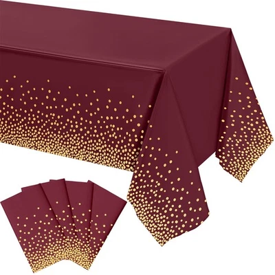 4 Packs Burgundy and Gold Plastic Table Cloths for Parties Disposable Maroon ... - Image 1 of 4