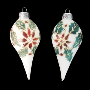 Vintage handbemalt Glas Träne Weihnachtsschmuck 2er Set Blumen Stechpalme - Bild 1 von 8