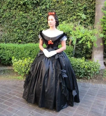 1860s Vintage Victorian Princess Black Wedding Dress Women Civil War Ball Gown - Image 1 of 4