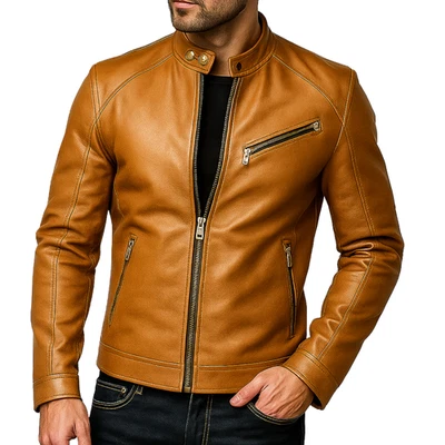 Men's Biker Real Leather Lambskin Jacket Outerwear Coat Vintage Motorcycle Style - Image 1 of 4