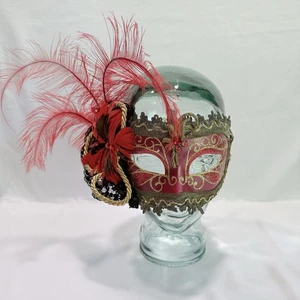 Venetian Ornate Feathered Masquerade Mask Red Black Gold Hand Painted Italy - Picture 1 of 13