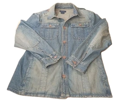 Jaqueta jeans militar Express feminina grande azul denim botão cotovelo patches utilitário - Imagem 1 de 4