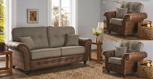 Beige Brown High Grade Fabric Material 3 Seater + 2 Armchairs Suite BARCELONA - Picture 1 of 10