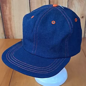 Vintage NOS USA Made Blank Denim Orange Stitch & Eyelets Snapback Hat New NWT - Picture 1 of 12