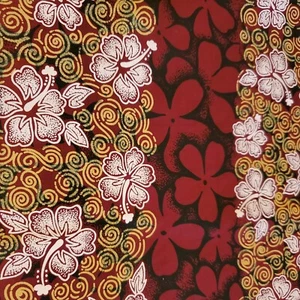 Hawaiian Floral Fabric Cut, Rich Burgundy Red With Hibiscus Flowers - Picture 1 of 5