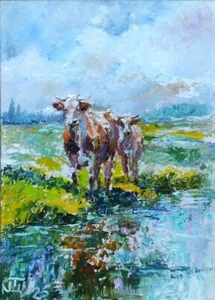 Quadro "Mucche". Olio su cartone. 5x7 inc. Fatto a mano. 2025. Senza cornice. - Foto 1 di 1