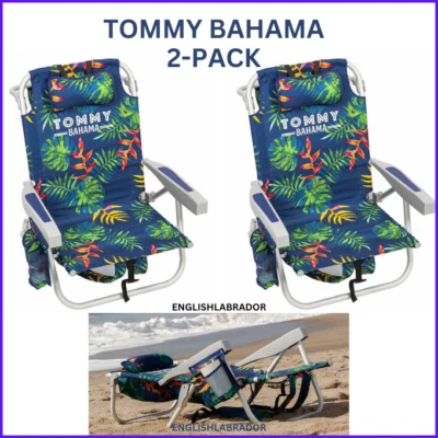 2-Pack Tommy Bahama Beach Chair Lay Flat Reclining, Adjustable, Green Leaves NEW - Image 1 of 4