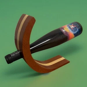 Sleek Inlaid Wood Wine Bottle Holder  ~ Elegant Hand-Crafted Curved Wine Stand - Picture 1 of 11