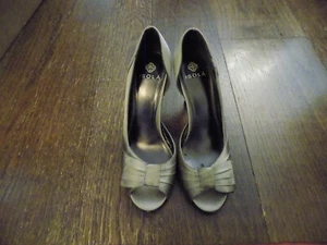 Dressy Isola Dolce Tan Satin Gathered Bow Peep Toe D'Orsay 3.25" Heels Sandal 7 - Picture 1 of 11
