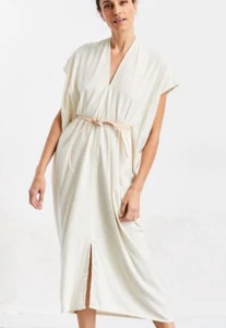 Miranda Bennett Studio Authentic Solid White 100% Linen V Neck MIDI Knot Dress - Picture 1 of 3