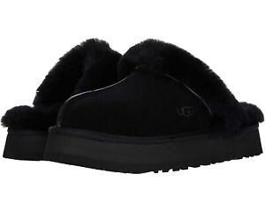 Women's Shoes UGG DISQUETTE Platform Sheepskin & Suede Slippers 1122550 BLACK