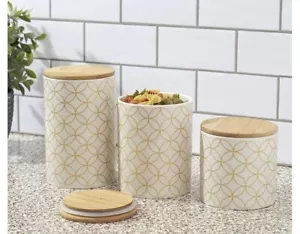Home Basics 3 Stück Küchenkanister Vescia weiß mit Bambusdeckel 3 verschiedene Größen - Bild 1 von 10