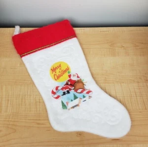Calza natalizia vintage Rennoc feltro bianco rosso babbo natale equitazione caramelle - Foto 1 di 8