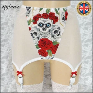 NYLONZ Vintage Style 'GIRDLET' / 6 Strap Suspender Girdle - White Skulls & Roses - Picture 1 of 3