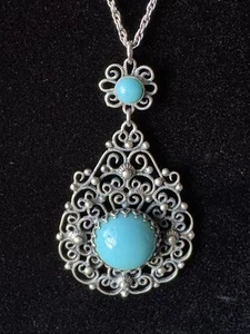 Danecraft Filigree Pendant Sterling Silver 925 Turquoise Colored Stones 28" - Picture 1 of 14