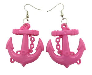 Kitsch Retro Women's Girl's Acrylic Large Pink Anchor Earrings Nautical - Picture 1 of 5