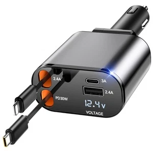 Einziehbarer Auto Ladegerät Adapter, 4 in 1 Schnellladen Auto Handy Ladegerät, 69W US... - Bild 1 von 9