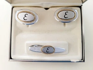 Monogrammed E Men's Cufflinks And tie Clip Silver and Gold Tone Oval Classic - Picture 1 of 3
