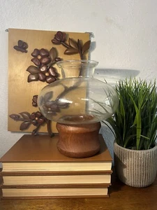 Candelabro moderno de mediados de siglo de teca y vidrio MCM decoración del hogar lámpara huracán - Imagen 1 de 4