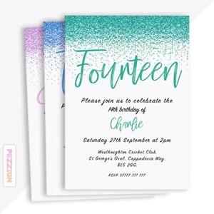 Personalised Glitter Birthday Party Invitations Children Adults Blue Pink Green - Picture 1 of 8