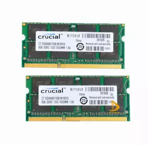 Crucial 2X 8GB 2Rx8 PC3-10600S DDR3-1333Mhz CL9 SODIMM Laptop RAM Memory 1.5V - Picture 1 of 6
