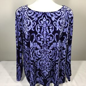 Bob Mackie Wearable Art 2X Top Purple Velour Long Sleeve