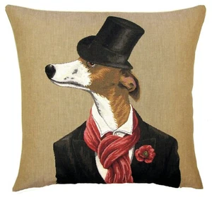 GENTLEMAN WHIPPET WITH SCARF 18" BELGIAN TAPESTRY CUSHION COVER WITH ZIP, 2873B - Picture 1 of 7