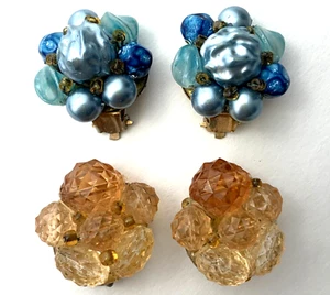 Lucite Beaded Clip On Earrings Lot West Germany Hong Kong Cluster Honey Blue - Picture 1 of 5