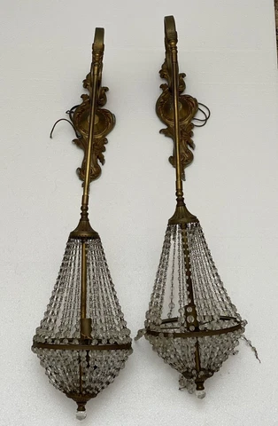 Antique Bronze French Crystal Beaded Chandelier Wall Sconce Pair Bag Balloon Cover
