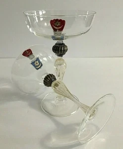 Antique Bohemian Champagne Glasses with Hand Painted Crest Set of 2 - Picture 1 of 8