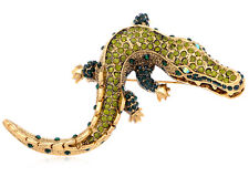Fashion Yellow Gold Tone Green Rhinestones Baby Alligator Crocodile Brooch Pin