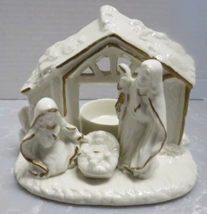 Nativity Scene Tea Light Votive Candle Holder White Ceramic Gold Accents - Picture 1 of 8