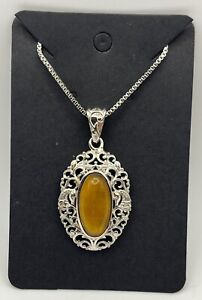 Gorgeous Natural Oval Tigers Eye Pendant Silvertone on Box Chain 