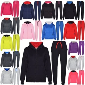 Kids Unisex Plain Tracksuit Contrast Hoodie with Joggers Sports Activewear Set - Picture 1 of 116