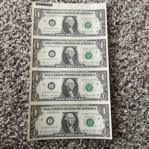 UNCUT SHEET OF 4 US $1 ONE DOLLAR BILLS UNC WITH TOP BORDER ATTACHED NEW 1981 - Picture 1 of 6