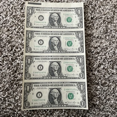 UNCUT SHEET OF 4 US $1 ONE DOLLAR BILLS UNC WITH TOP BORDER ATTACHED NEW 1981 - Image 1 of 4