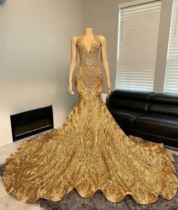 Mermaid Sequined Crystals Applique Evening Prom Party Dresses Gala Pageant Gowns - Picture 1 of 9