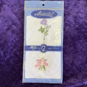 Vintage Axxents Ladies Embroidered Handkerchiefs 100% Cotton Lot 2 Floral - Picture 1 of 3