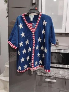 Quacker Factory Sweater Small Americana Patriotic Flag Sequins Stars Stripes 2XL - Picture 1 of 3