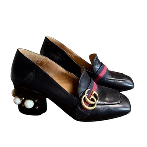 Gucci Peyton GG Web Logo Pearl Heel Loafer Pumps Black Leather EU 37.5 US 7.5 - Picture 1 of 16