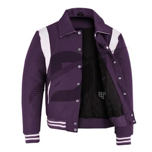 Varsity School Bomber Stylish Purple Wool & White Leather Strips College Jacket - Picture 1 of 6