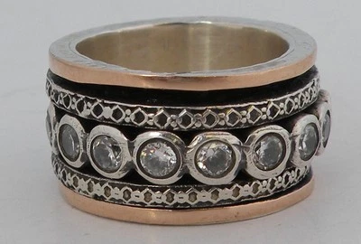 Modern sterling silver 14k Yellow Gold CZ designer unique spinner spin ring band - Image 1 of 4