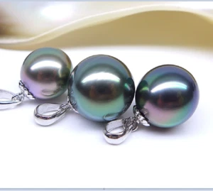 Huge 11-12mm natural south sea Tahitian genuine green round pearl pendant 12AAA - Picture 1 of 2