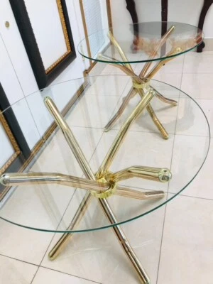 ¡De colección! MCM! ¡DISEÑO BRUTALISTA! MESAS AUXILIARES HOLLYWOOD REGENCY (2) JAX LATÓN Y VIDRIO! Foto 1 de 4