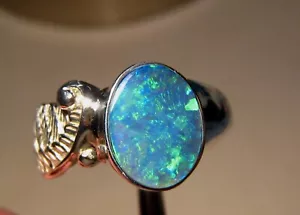 Australischer schwarzer Opal Herrenring, Sterlingsilber, strukturiertes Band, Größe 11 - Bild 1 von 12