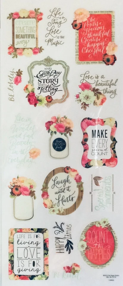 Gold Foiled Floral Happy Life Laugh Love Phrase Scrapbook Stickers 5”x12” - Image 1 of 1